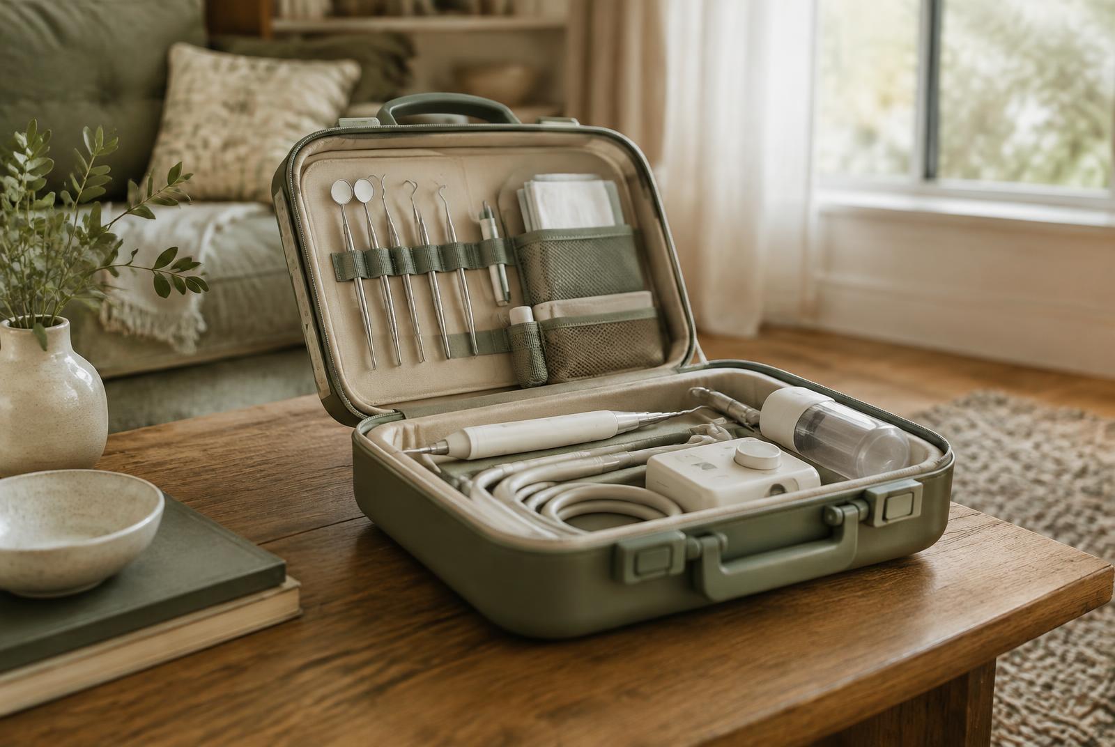 Portable dental hygiene equipment case, ready for a home visit